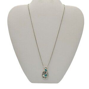 Imitation Turquoise Inlaid Teardrop Pendant Necklace Silver Tone Feather Boho